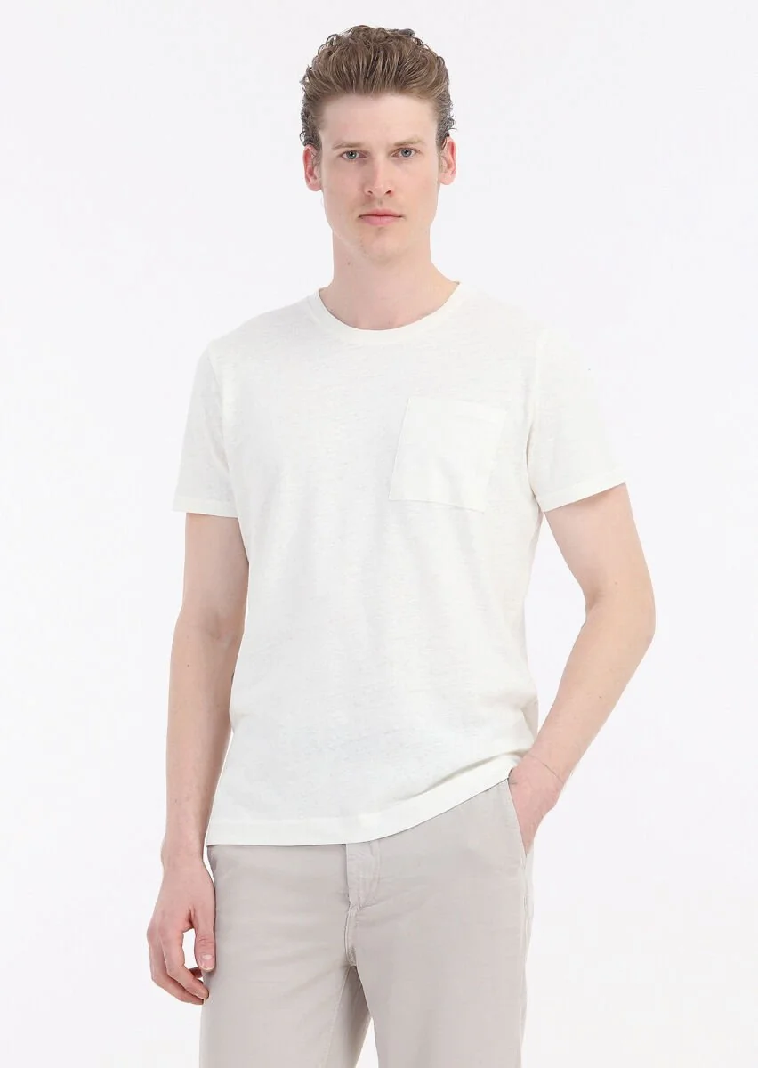Ecru Plain Crew Neck 100% Linen T-Shirt - 2