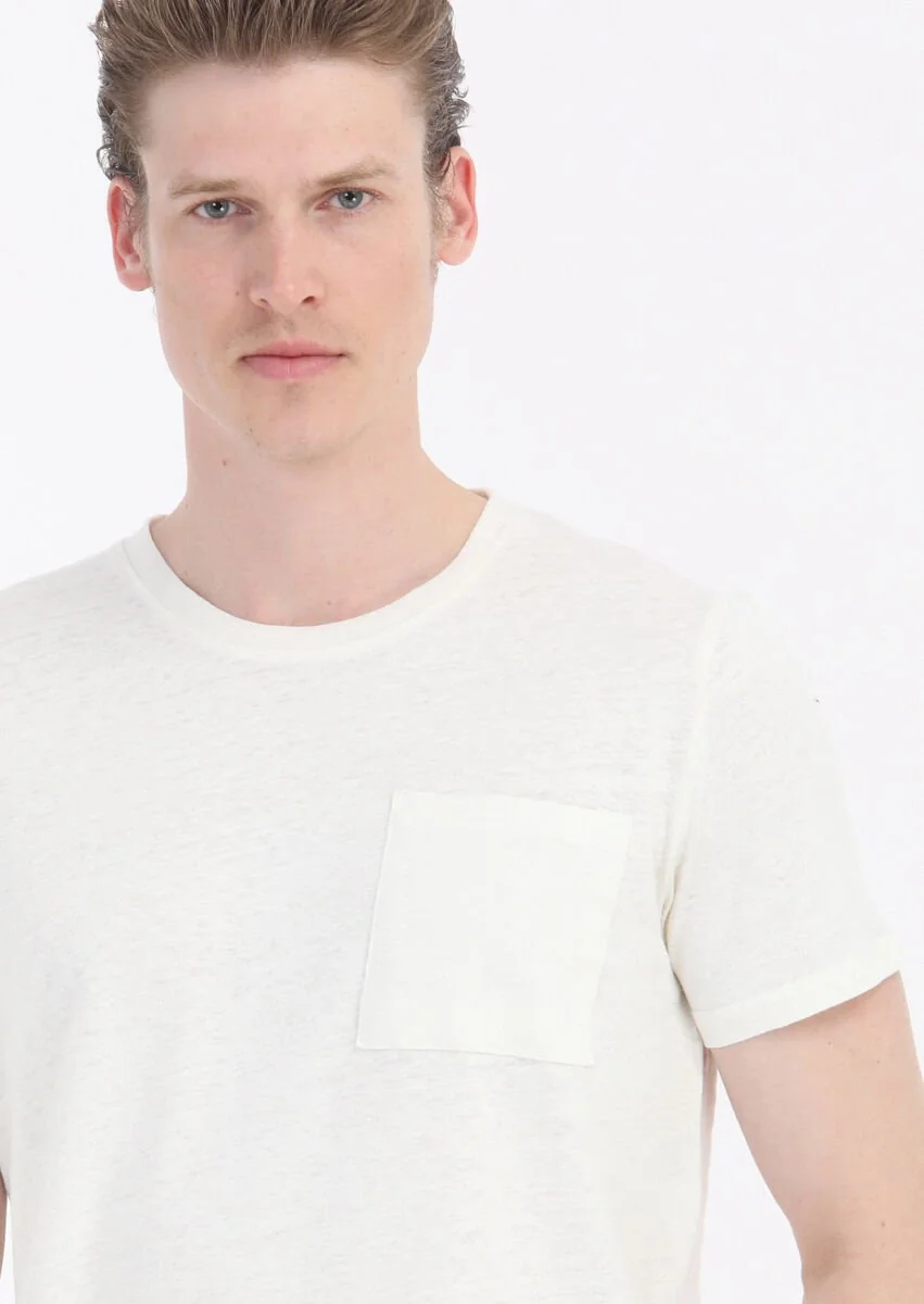 Ecru Plain Crew Neck 100% Linen T-Shirt - 4