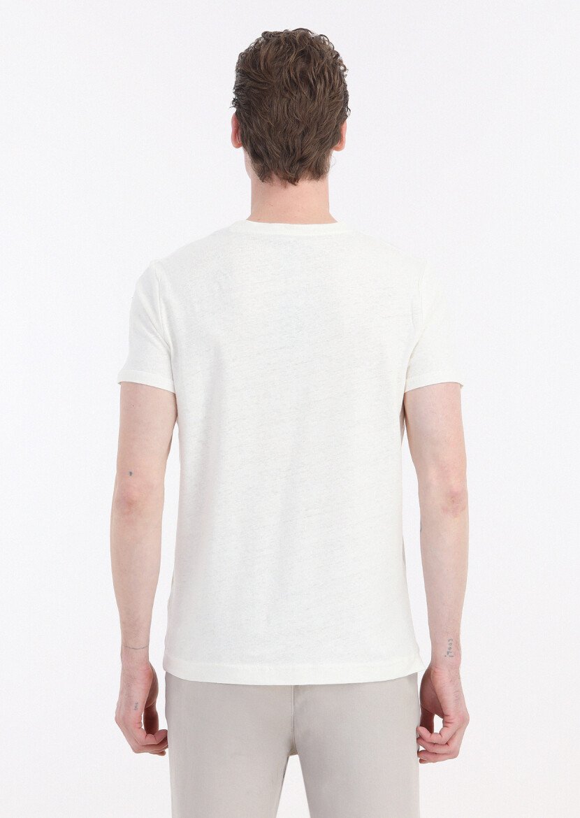Ecru Plain Crew Neck 100% Linen T-Shirt - 5