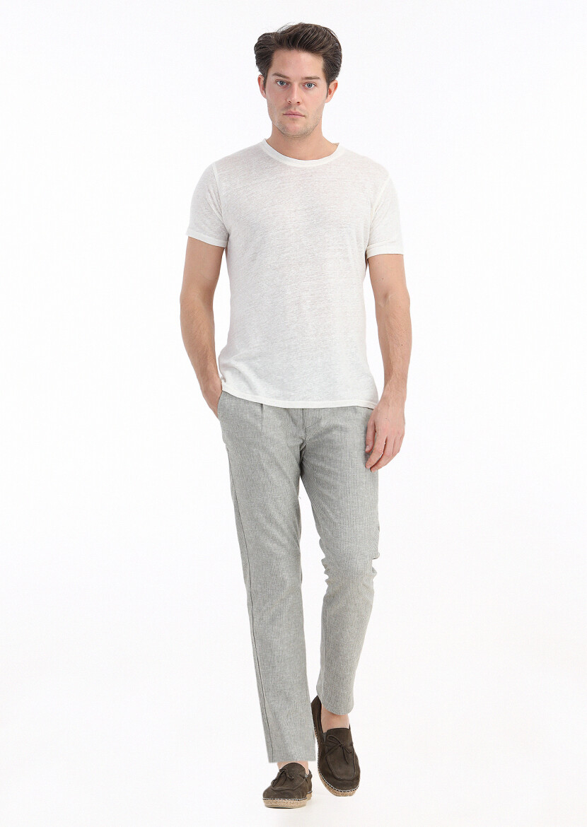 Ecru Plain Crew Neck 100% Linen T-Shirt 