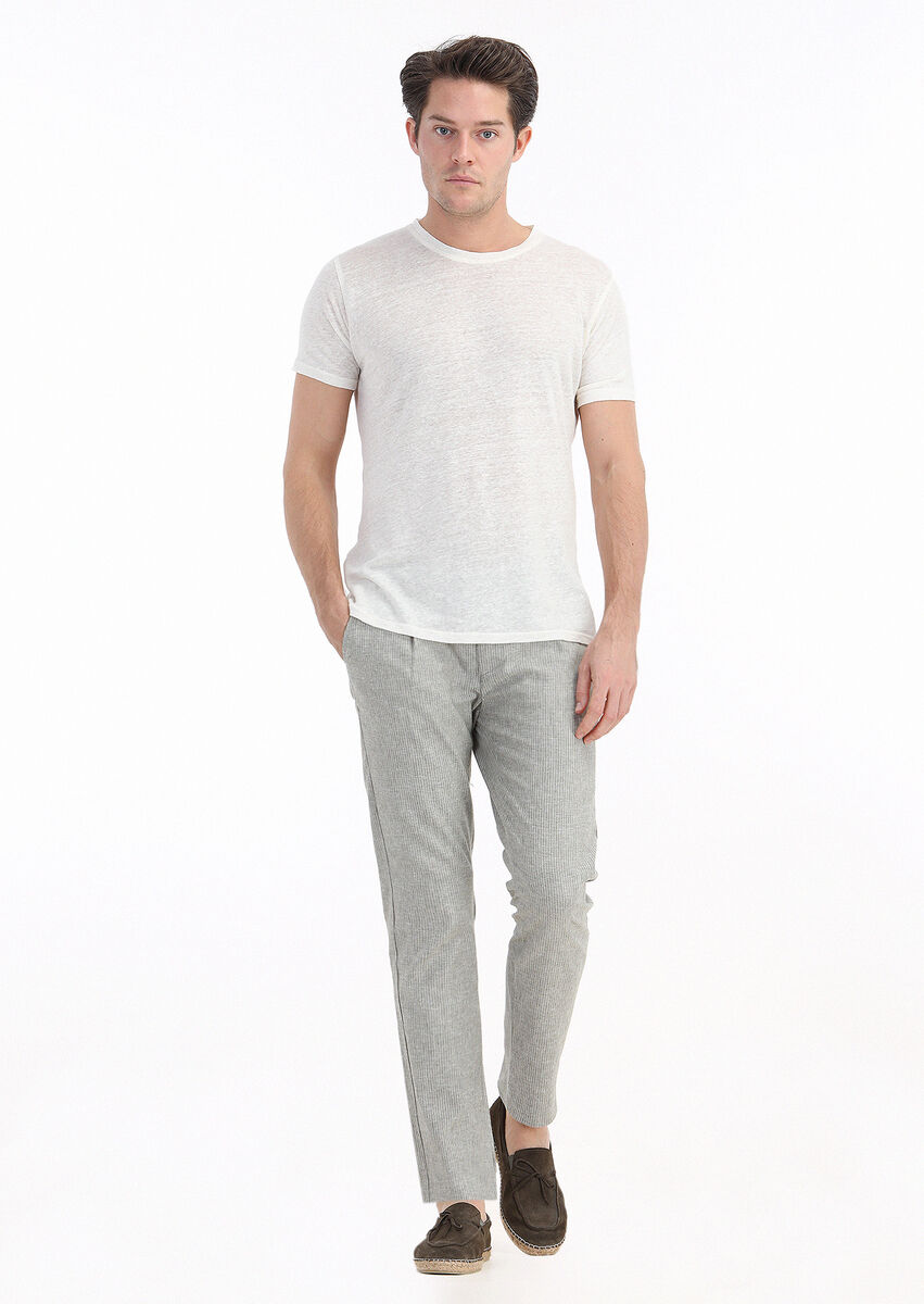 Ecru Plain Crew Neck 100% Linen T-Shirt - 1