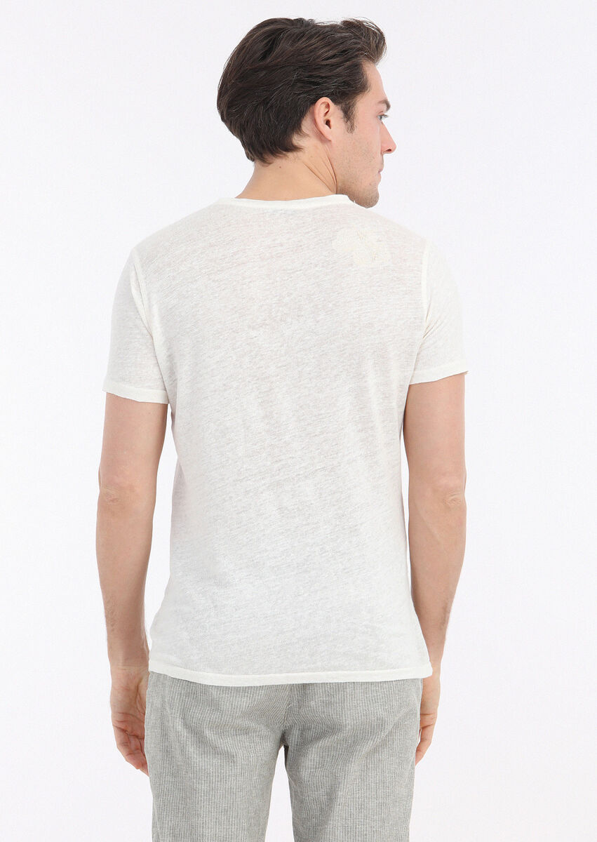 Ecru Plain Crew Neck 100% Linen T-Shirt - 6