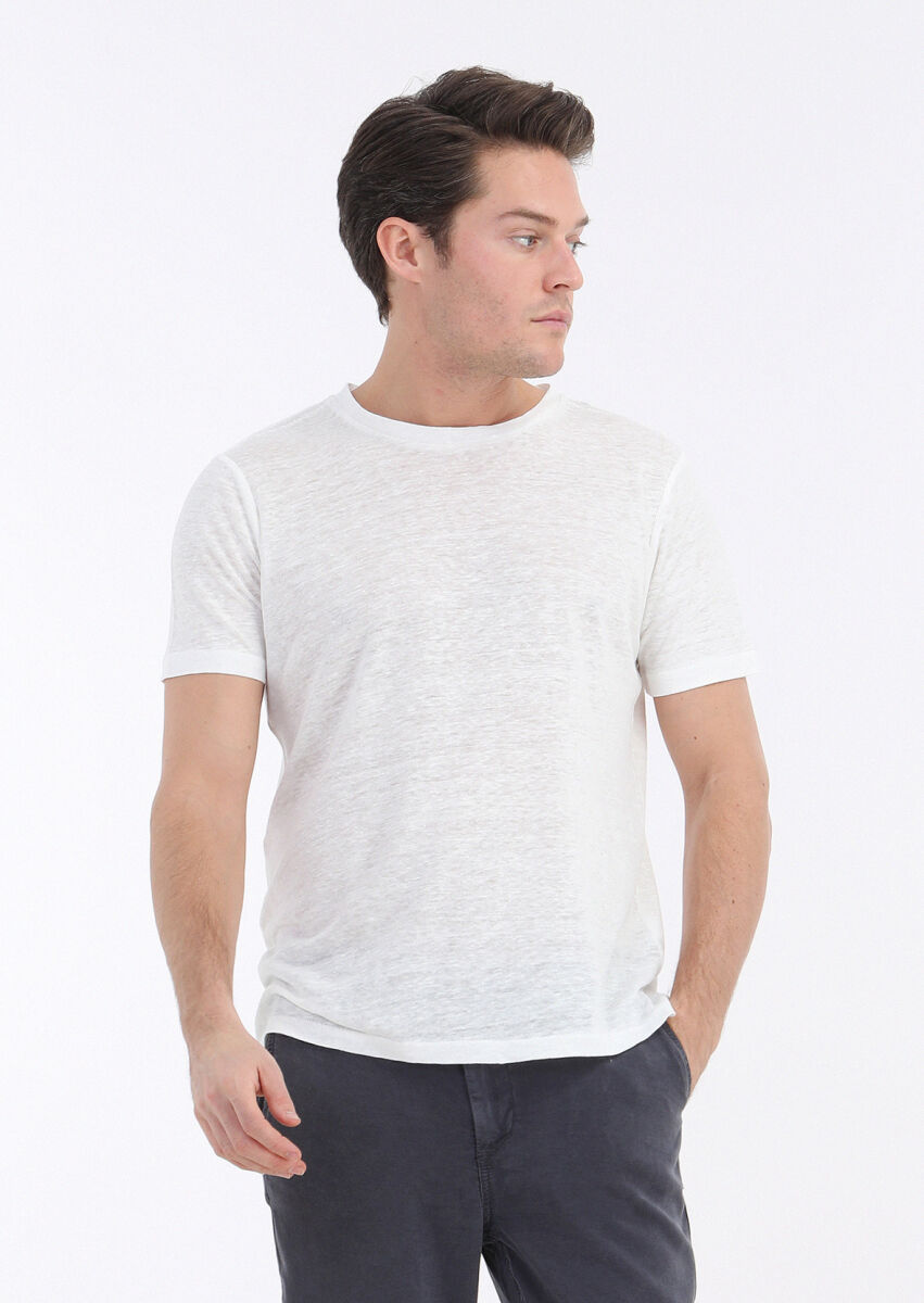 Ecru Plain Crew Neck 100% Linen T-Shirt - 2