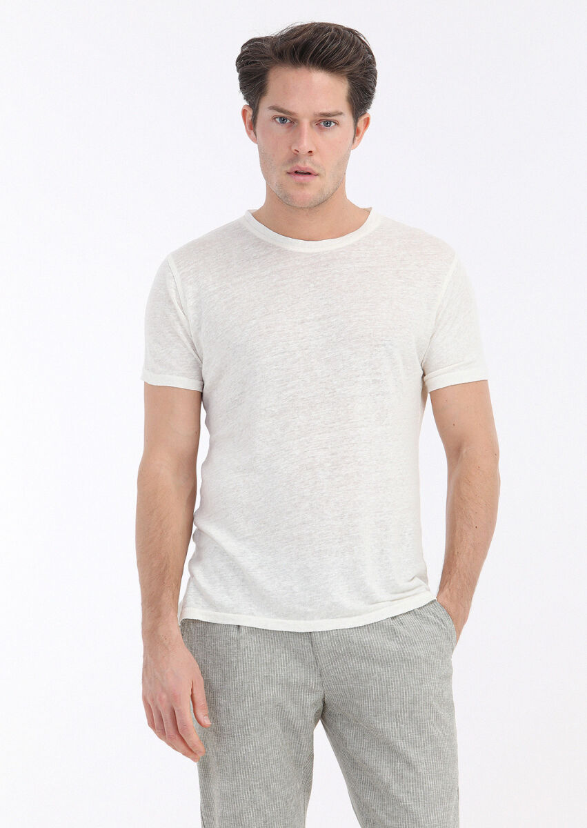 Ecru Plain Crew Neck 100% Linen T-Shirt - 3