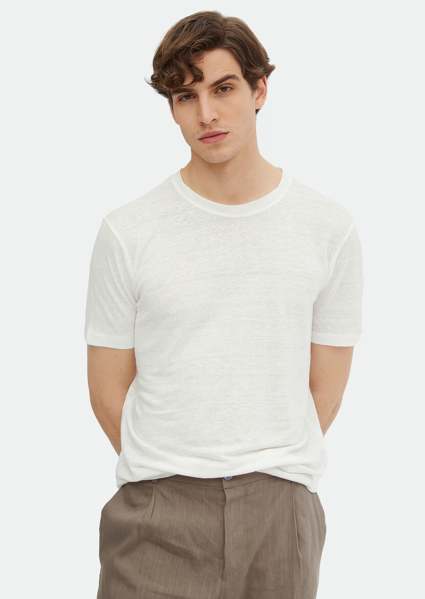 Ecru Plain Crew Neck 100% Linen T-Shirt 