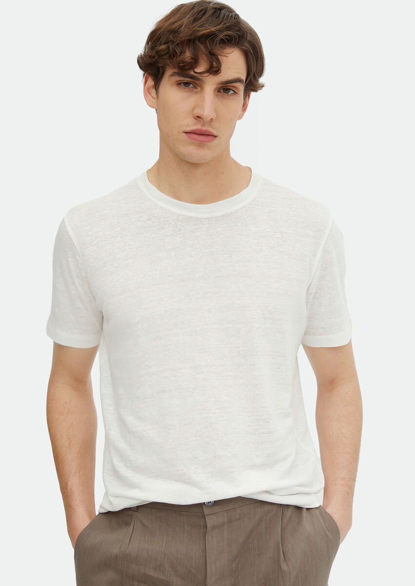 Ecru Plain Crew Neck 100% Linen T-Shirt - 3