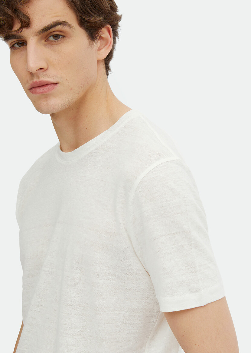 Ecru Plain Crew Neck 100% Linen T-Shirt - 4