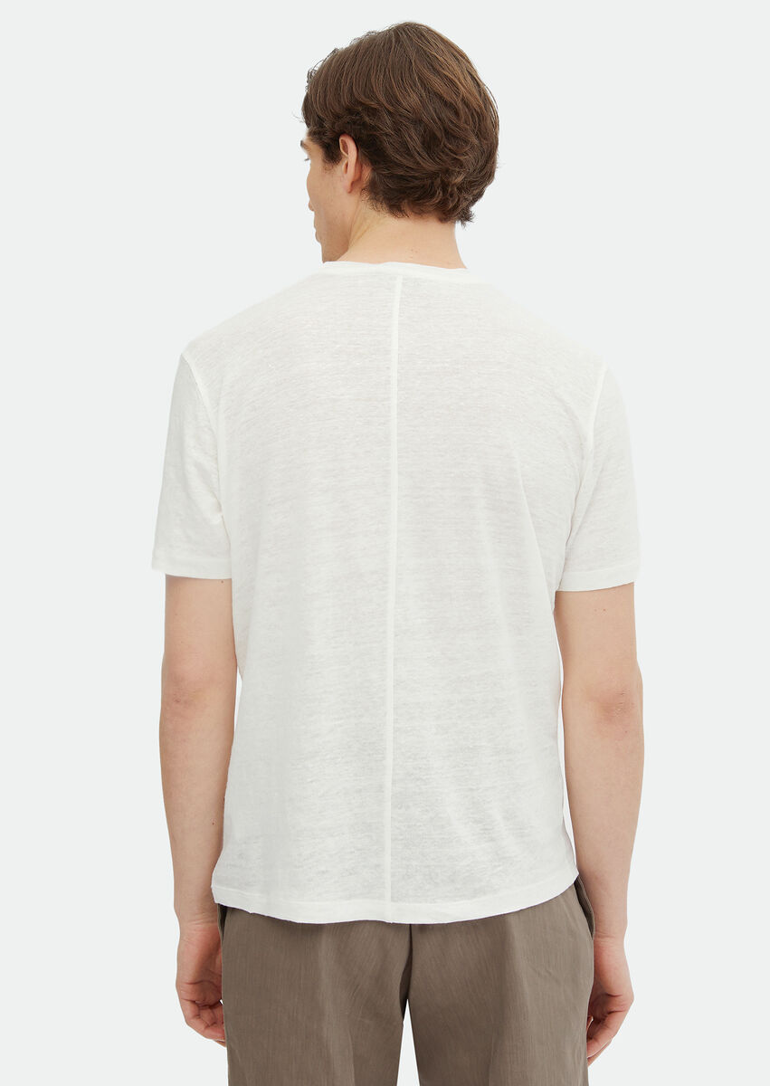 Ecru Plain Crew Neck 100% Linen T-Shirt - 5