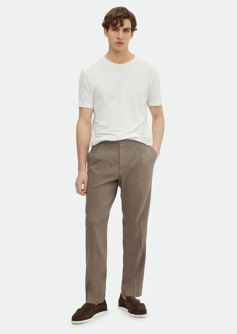 Ecru Plain Crew Neck 100% Linen T-Shirt 