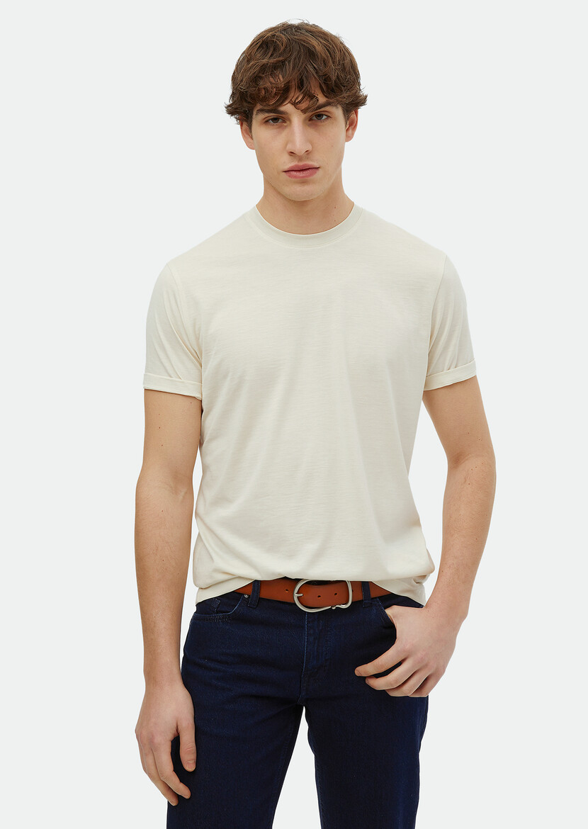 Ecru Plain Crew Neck Silk Blended T-Shirt 