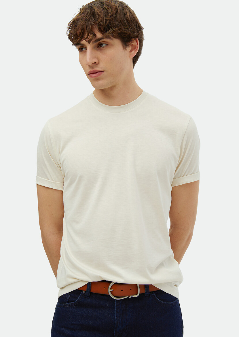 Ecru Plain Crew Neck Silk Blended T-Shirt - 3