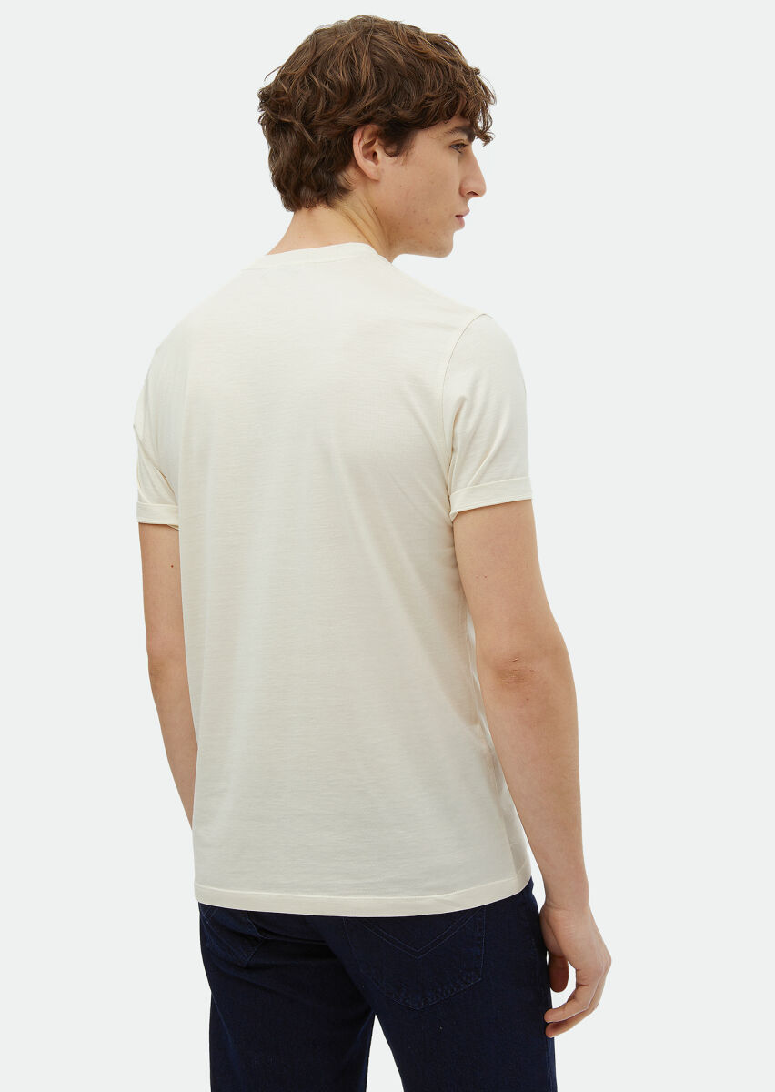 Ecru Plain Crew Neck Silk Blended T-Shirt - 5