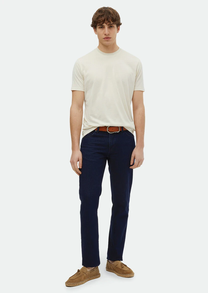 Ecru Plain Crew Neck Silk Blended T-Shirt 
