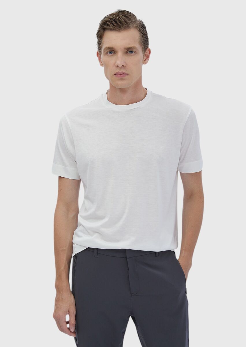 Ecru Plain Crew Neck Silk Blended T-Shirt - 1