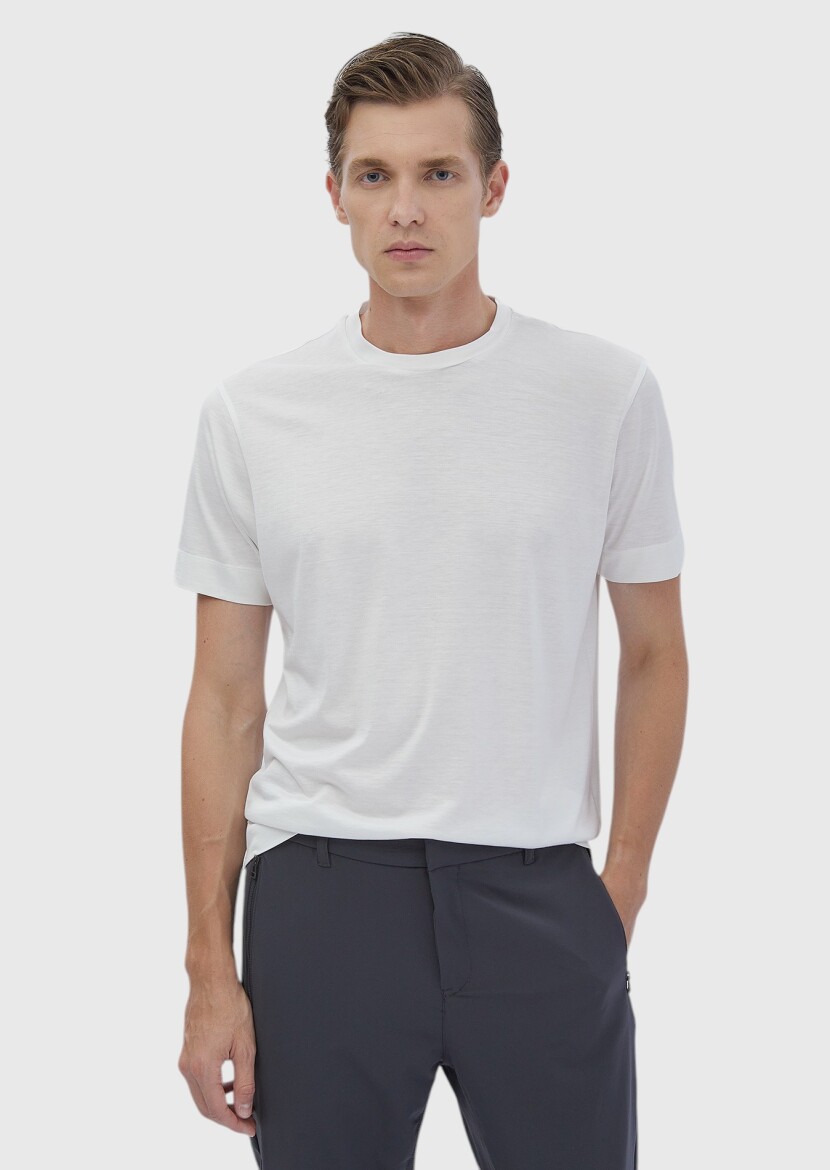 Ecru Plain Crew Neck Silk Blended T-Shirt 