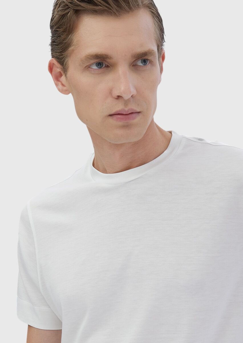 Ecru Plain Crew Neck Silk Blended T-Shirt - 4