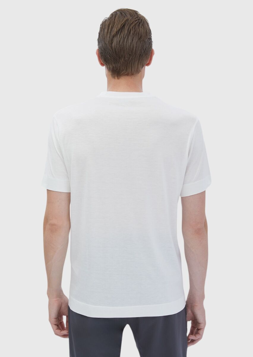 Ecru Plain Crew Neck Silk Blended T-Shirt - 5