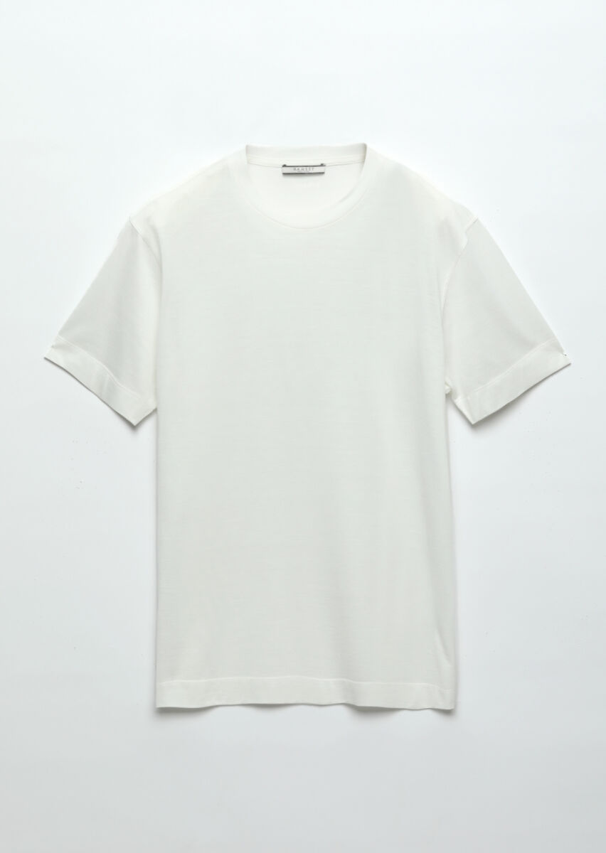 Ecru Plain Crew Neck Silk Blended T-Shirt - 6