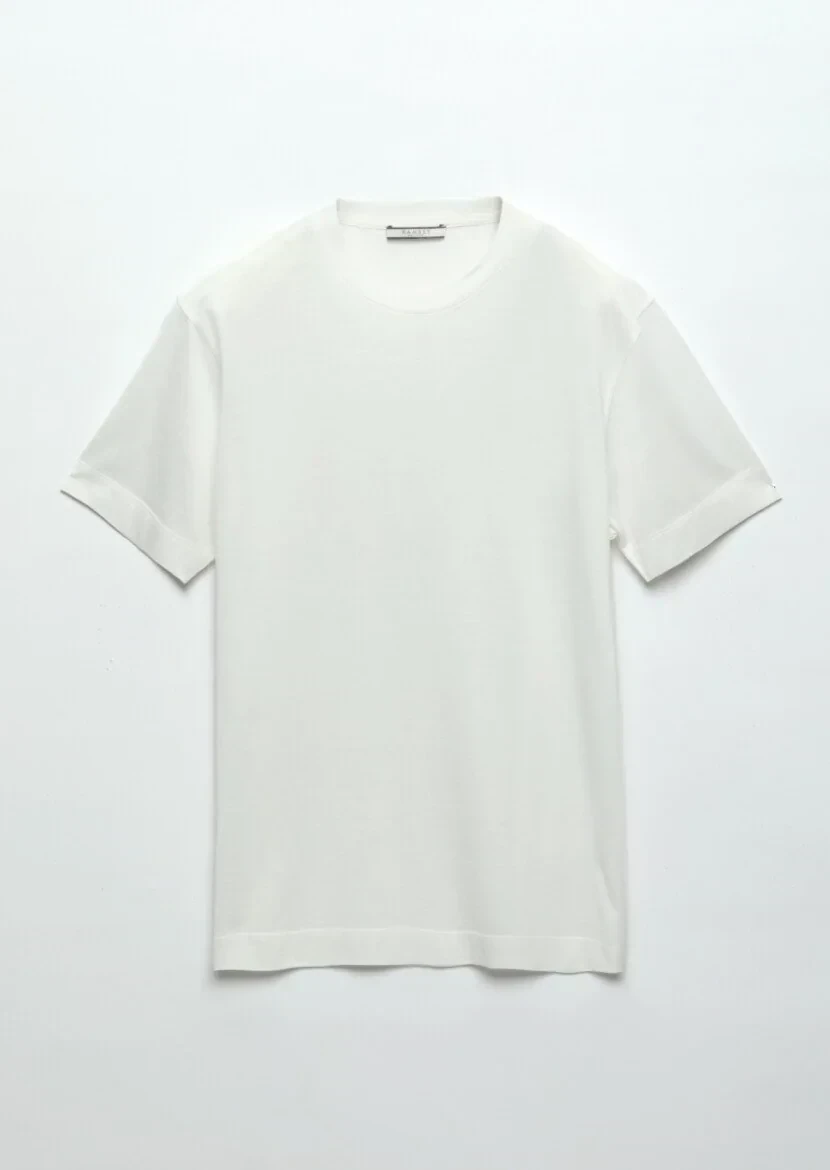 Ecru Plain Crew Neck Silk Blended T-Shirt - 6