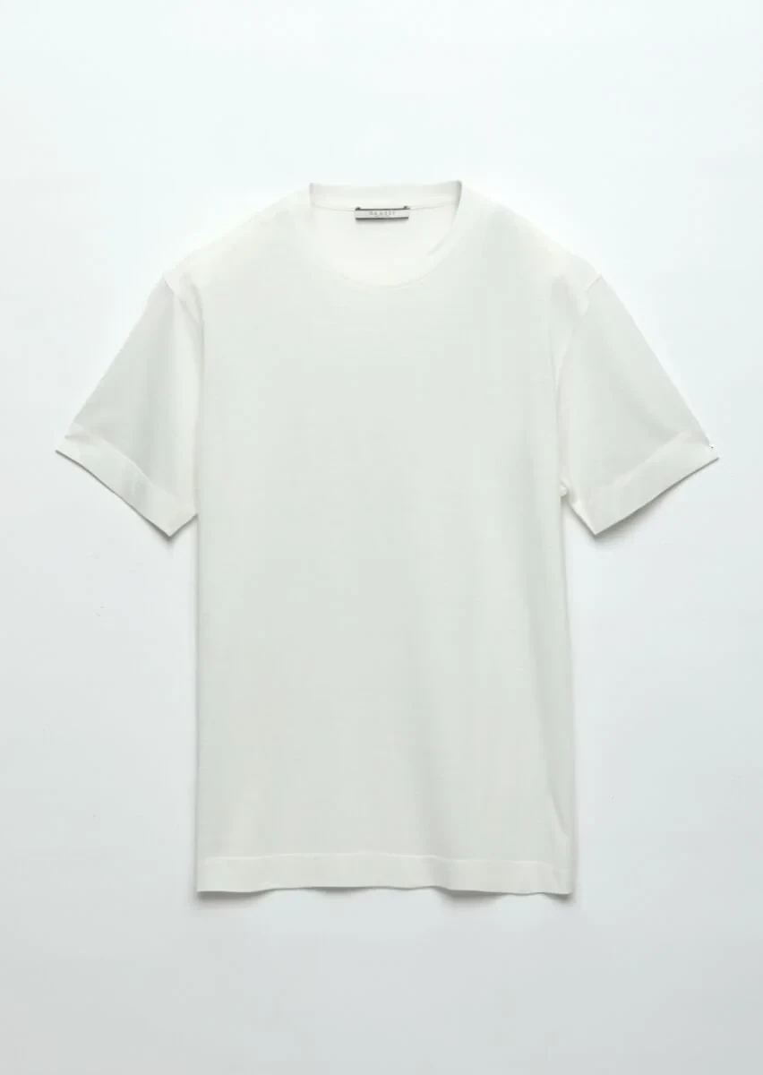 Ecru Plain Crew Neck Silk Blended T-Shirt - 6