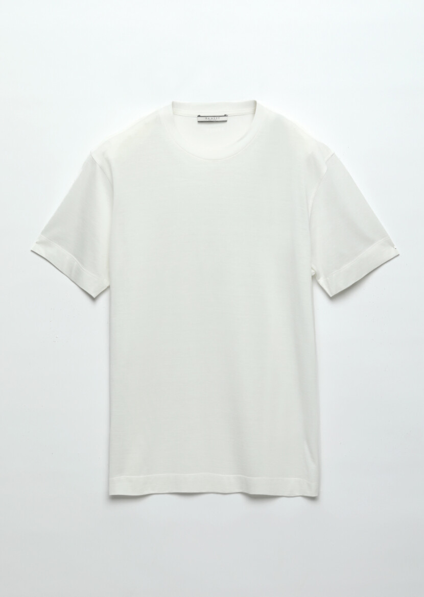 Ecru Plain Crew Neck Silk Blended T-Shirt - 6