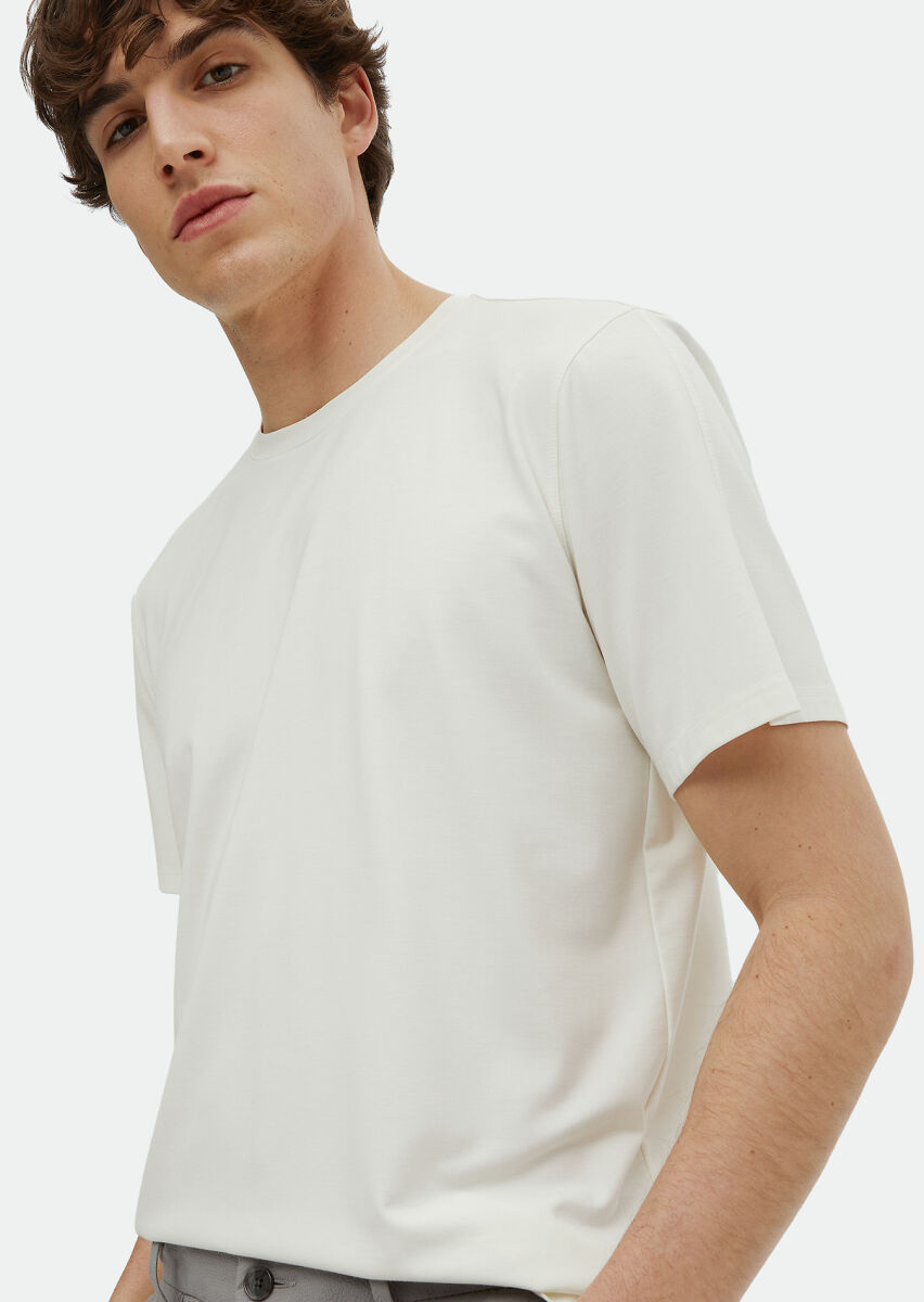 Ecru Plain Crew Neck T-Shirt - 3