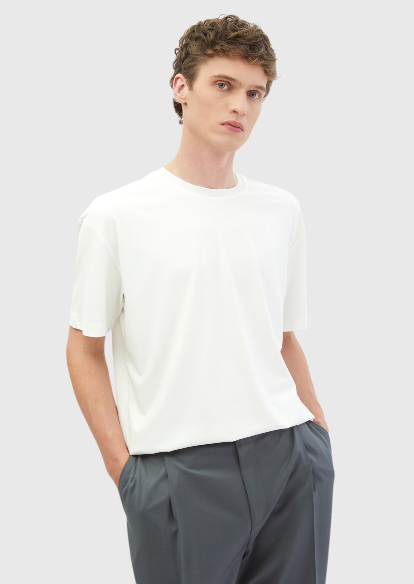 Ecru Plain Crew Neck T-Shirt 