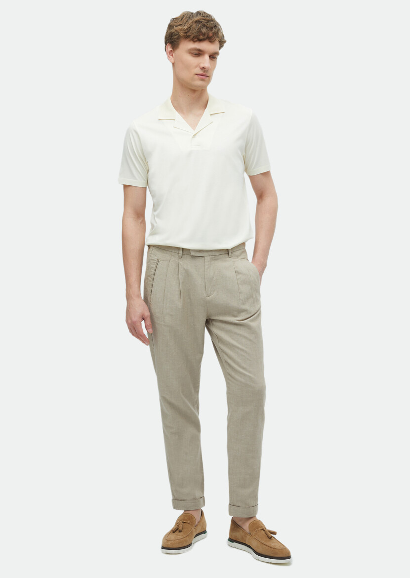 Ecru Plain Cuban Collar 100% Cotton T-Shirt - 1