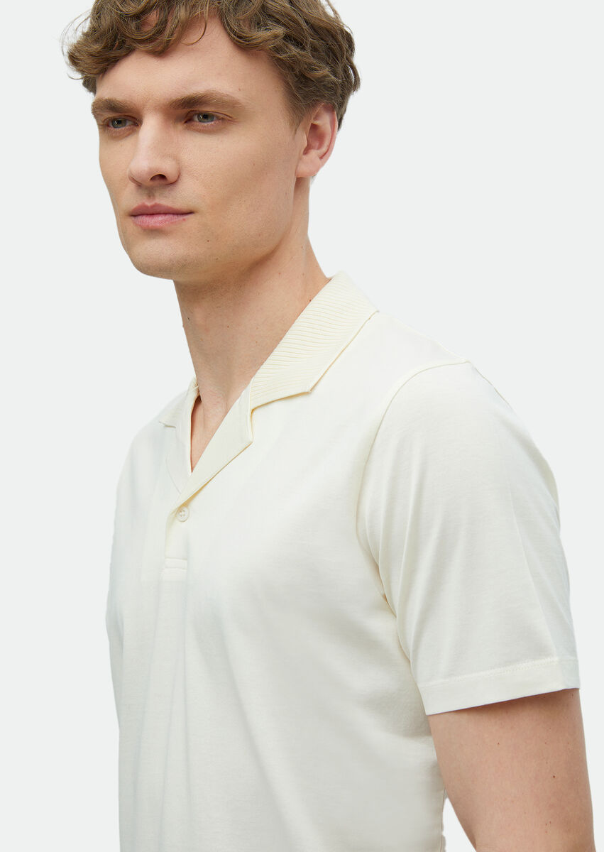 Ecru Plain Cuban Collar 100% Cotton T-Shirt - 4