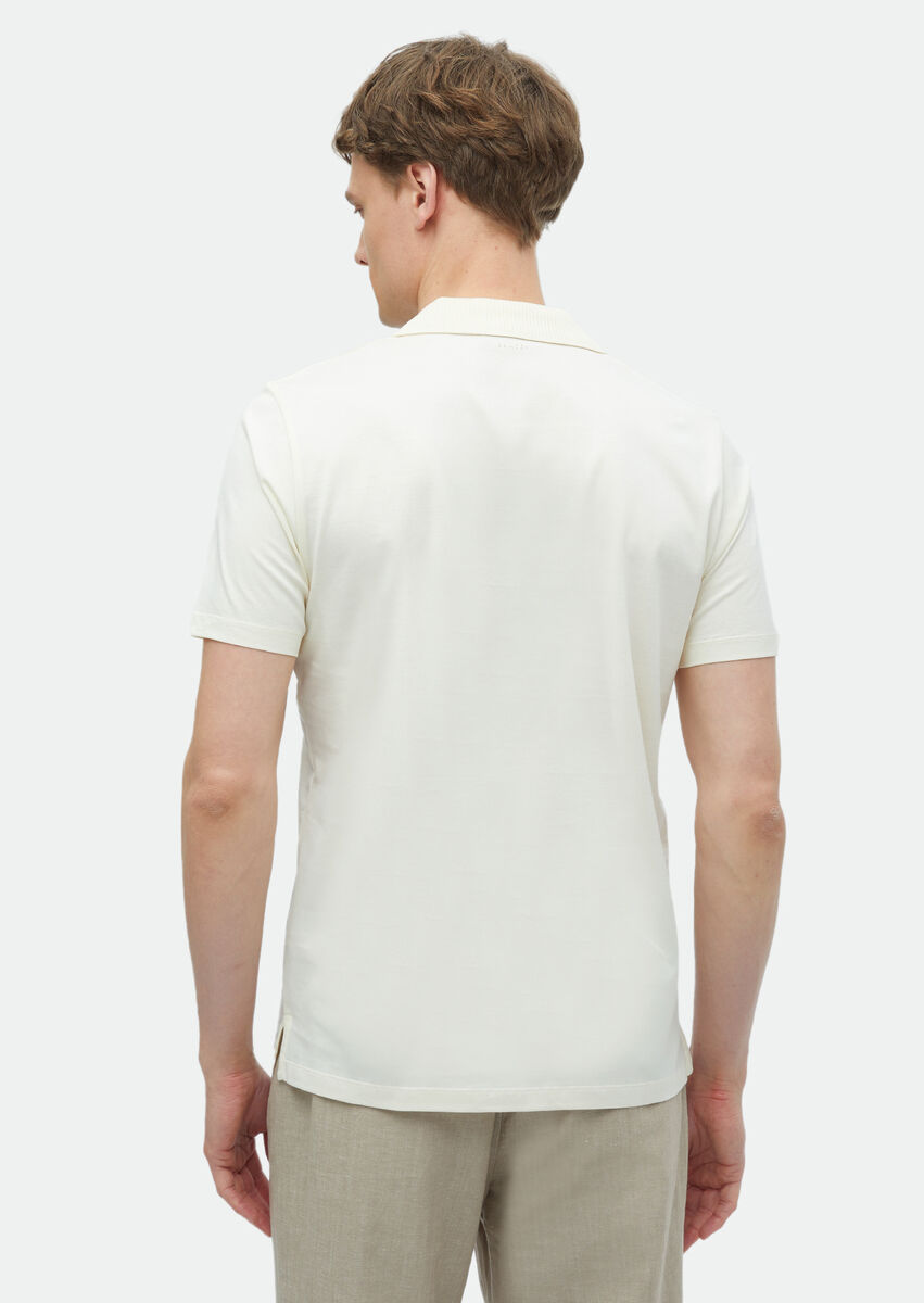 Ecru Plain Cuban Collar 100% Cotton T-Shirt - 6