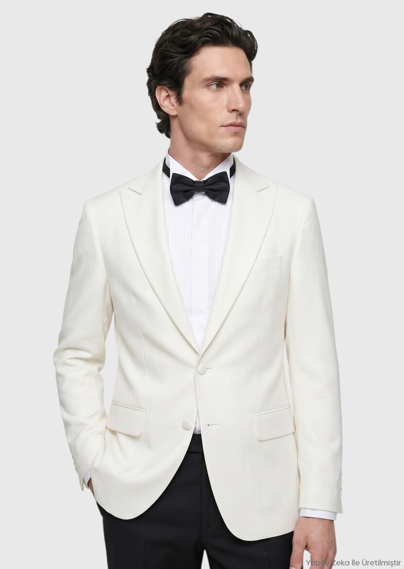 Ecru Plain Modern Fit Double Breasted Collar Weaving Tuxedo - RAMSEY