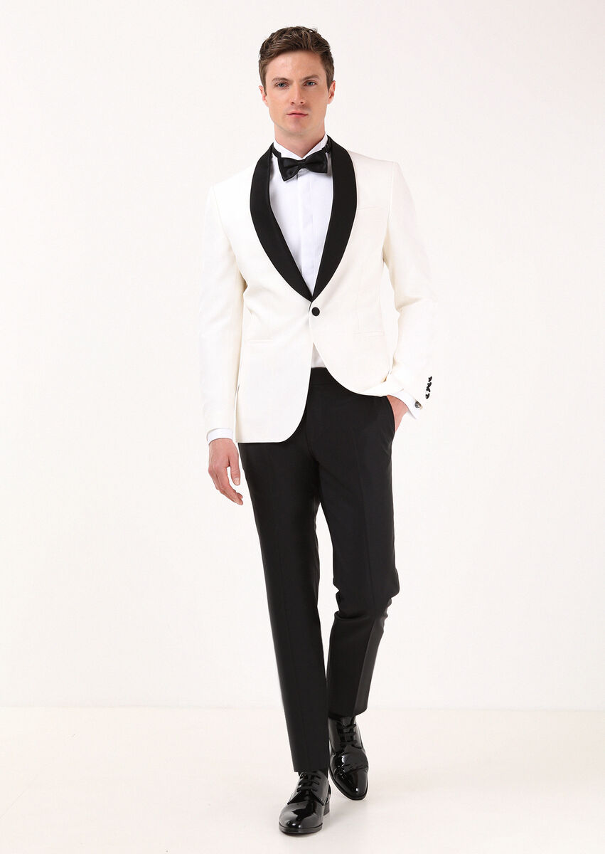 Ecru Plain Modern Fit Shawl Collar Weaving Tuxedo - 2