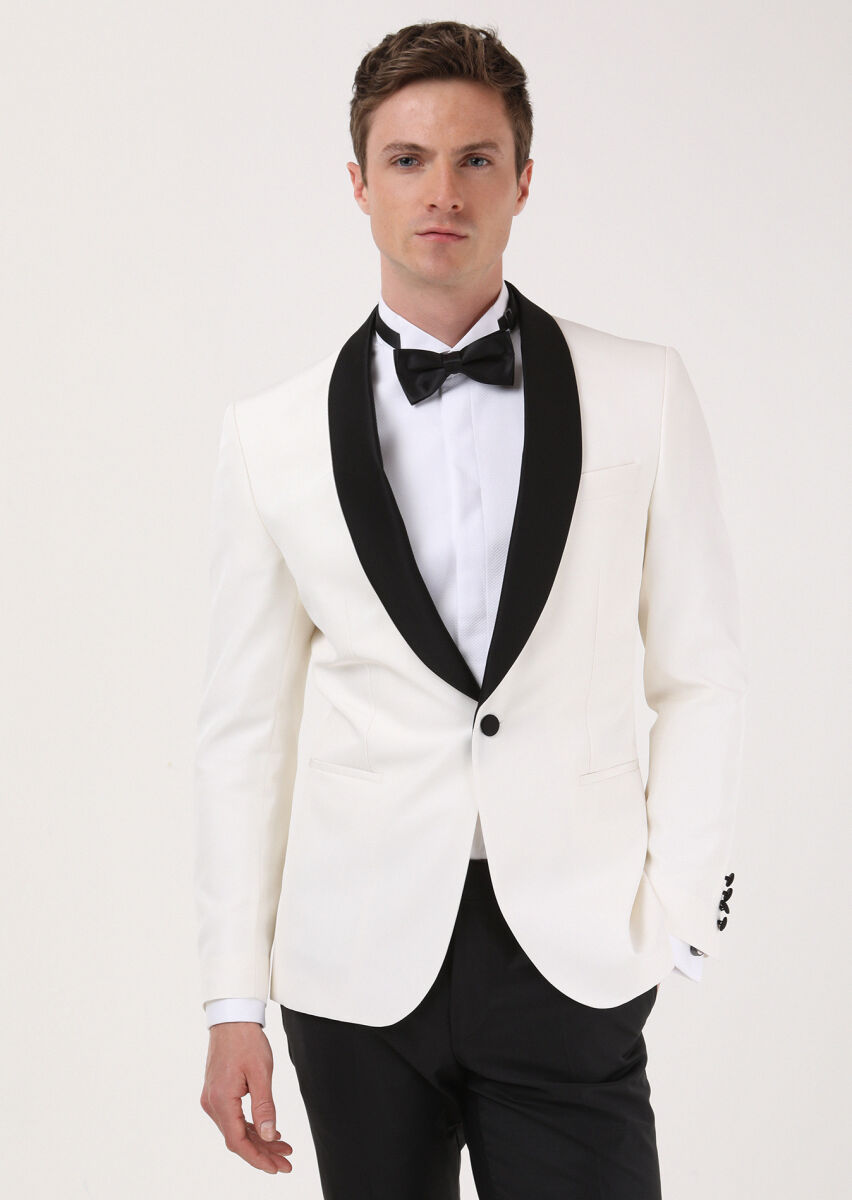 Ecru Plain Modern Fit Shawl Collar Weaving Tuxedo - 1