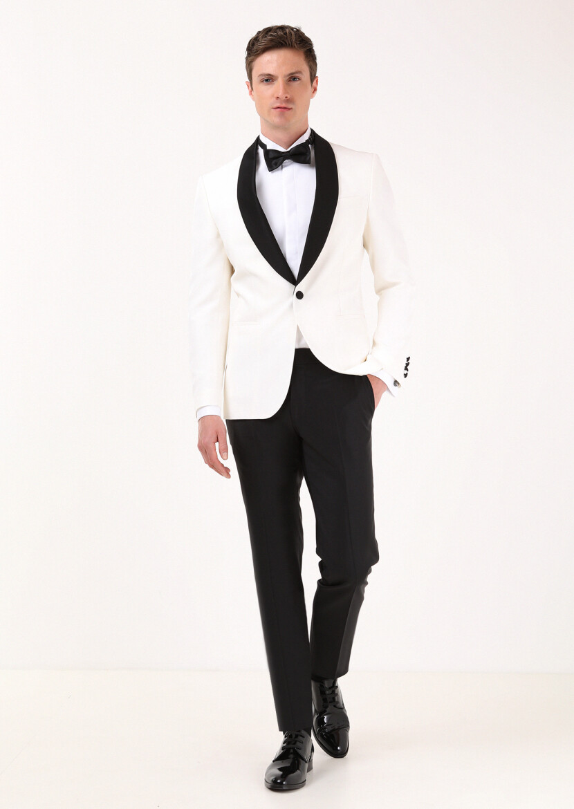 Ecru Plain Modern Fit Shawl Collar Weaving Tuxedo - 2