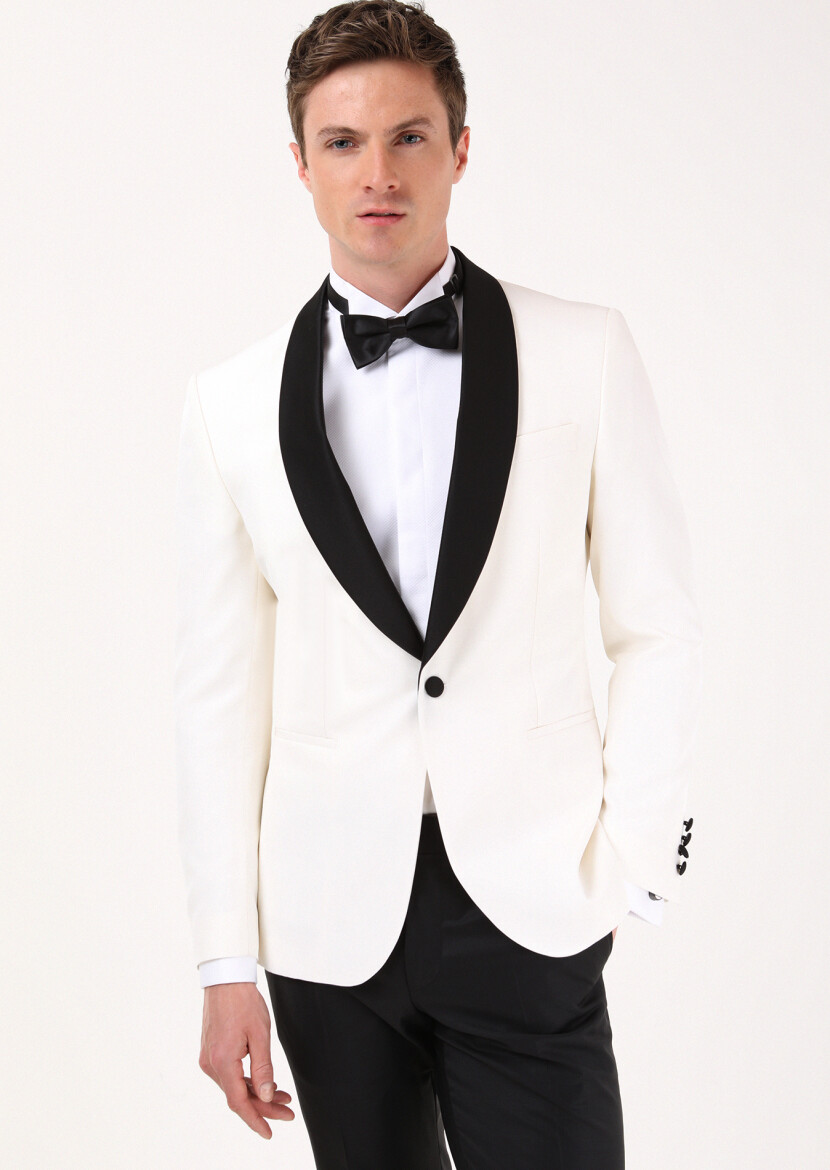 Ecru Plain Modern Fit Shawl Collar Weaving Tuxedo - 3