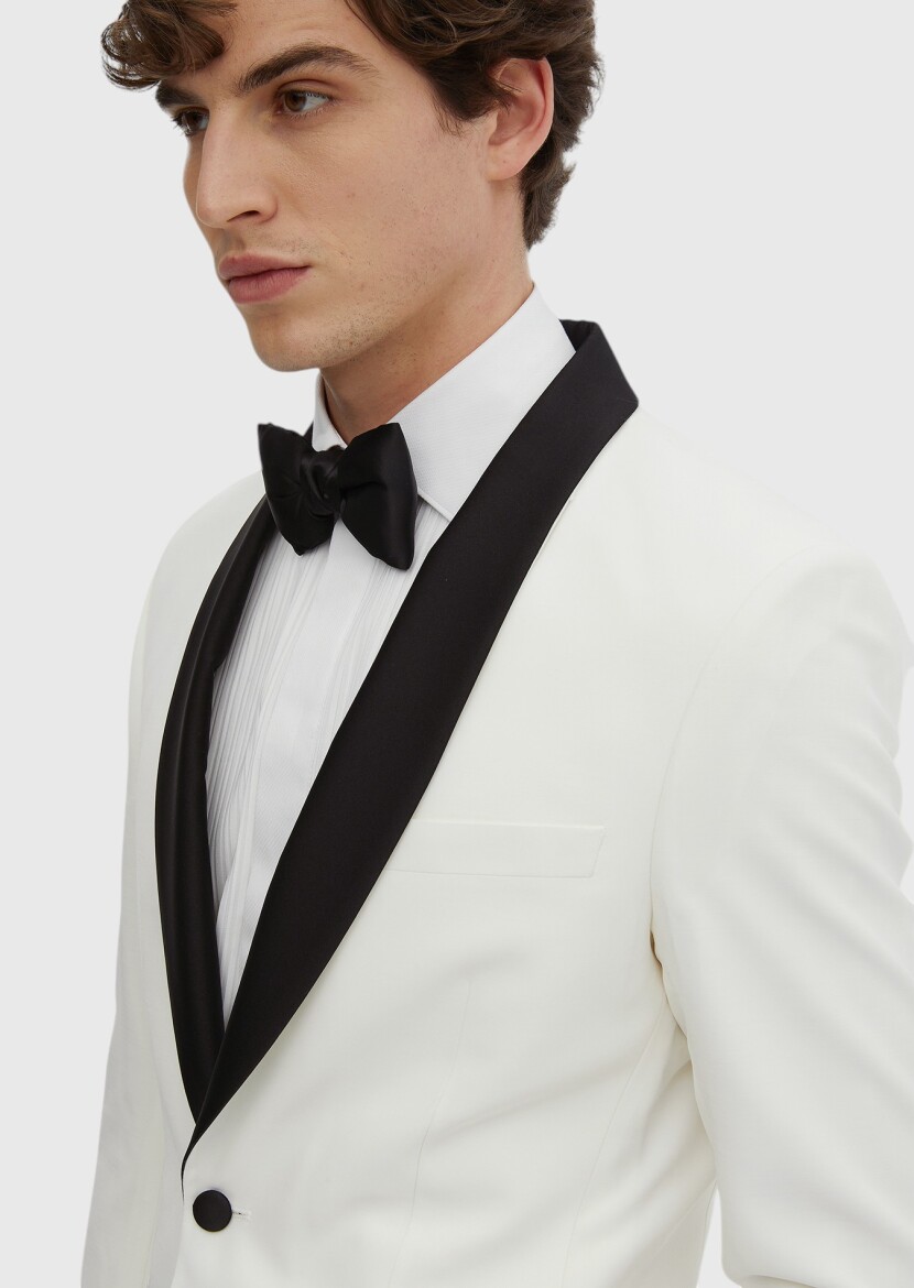 Ecru Plain Modern Fit Shawl Collar Weaving Tuxedo - 5