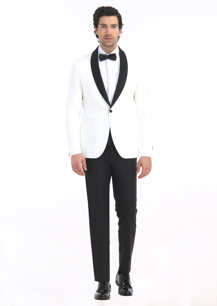 Ecru Plain Modern Fit Shawl Collar Weaving Tuxedo - 1