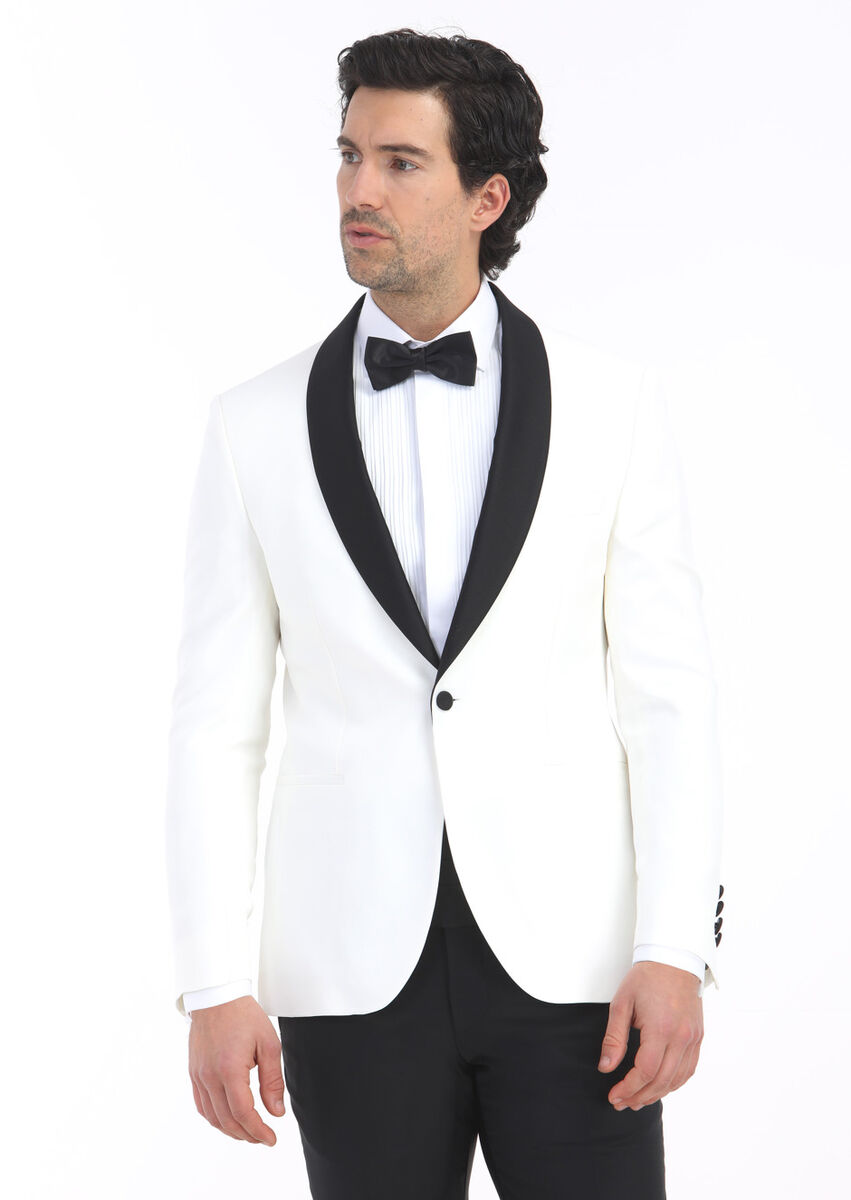 Ecru Plain Modern Fit Shawl Collar Weaving Tuxedo - 2