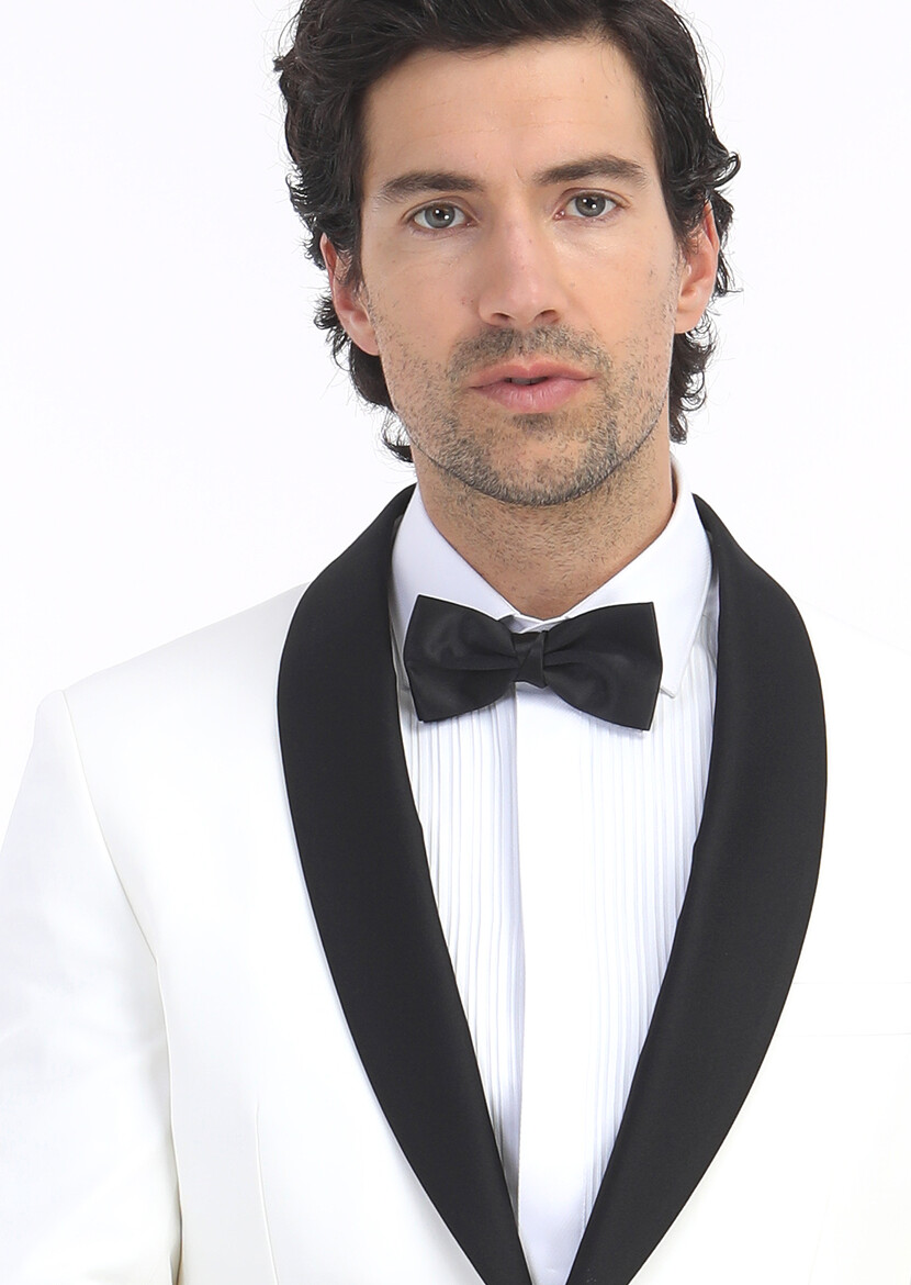 Ecru Plain Modern Fit Shawl Collar Weaving Tuxedo - 3