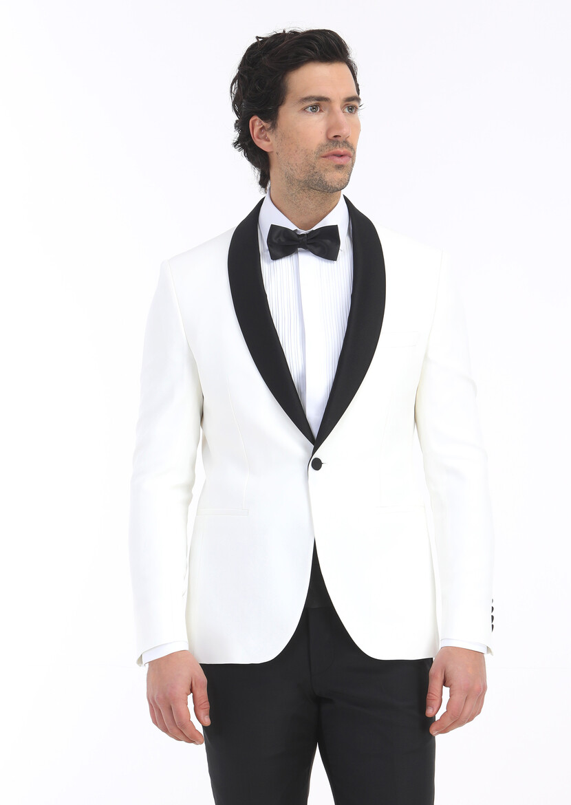 Ecru Plain Modern Fit Shawl Collar Weaving Tuxedo - 4