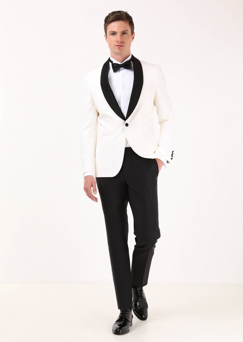 Ecru Plain Modern Fit Shawl Collar Weaving Tuxedo - 1