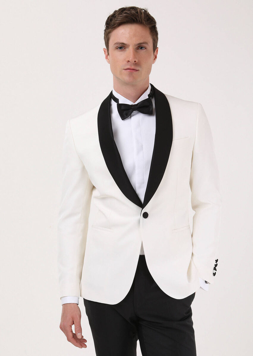 Ecru Plain Modern Fit Shawl Collar Weaving Tuxedo - 2