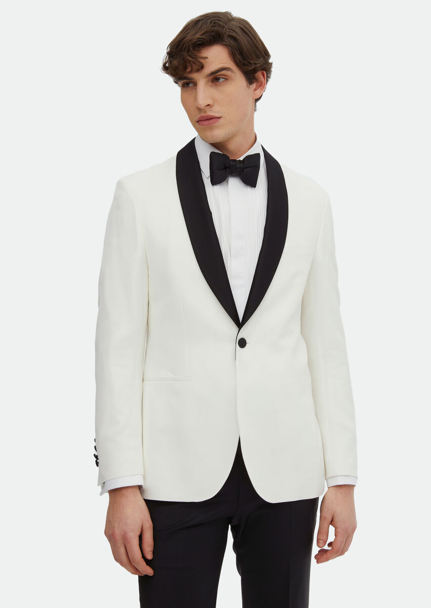 Ecru Plain Modern Fit Shawl Collar Weaving Tuxedo - 1