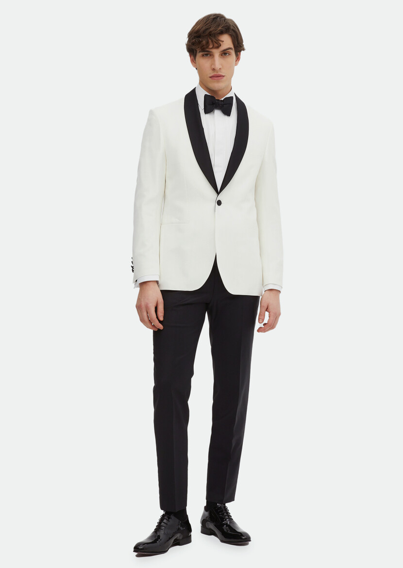 Ecru Plain Modern Fit Shawl Collar Weaving Tuxedo - 2