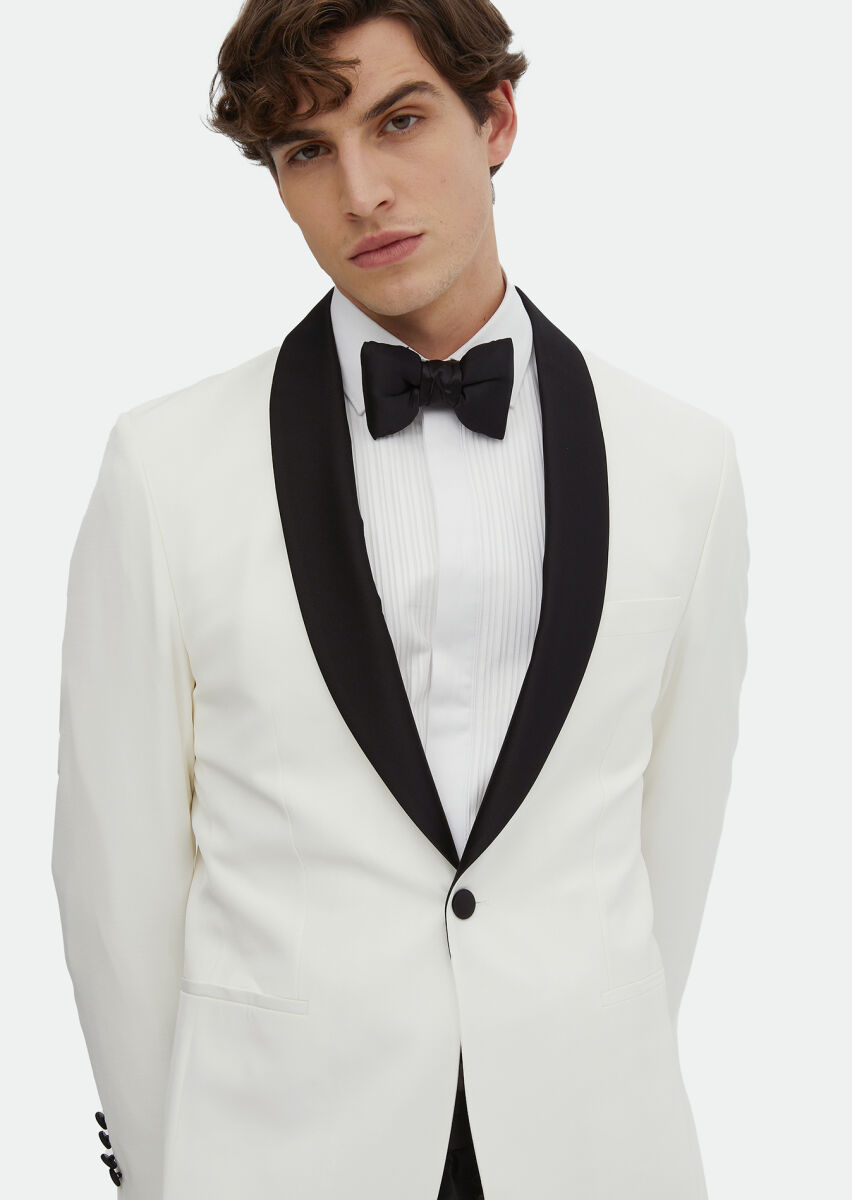 Ecru Plain Modern Fit Shawl Collar Weaving Tuxedo - 3