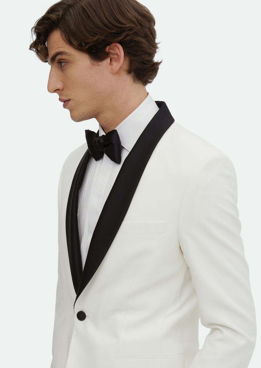 Ecru Plain Modern Fit Shawl Collar Weaving Tuxedo - 4