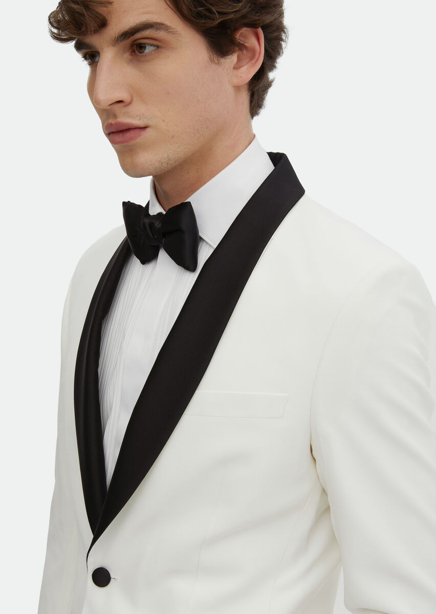 Ecru Plain Modern Fit Shawl Collar Weaving Tuxedo - 5