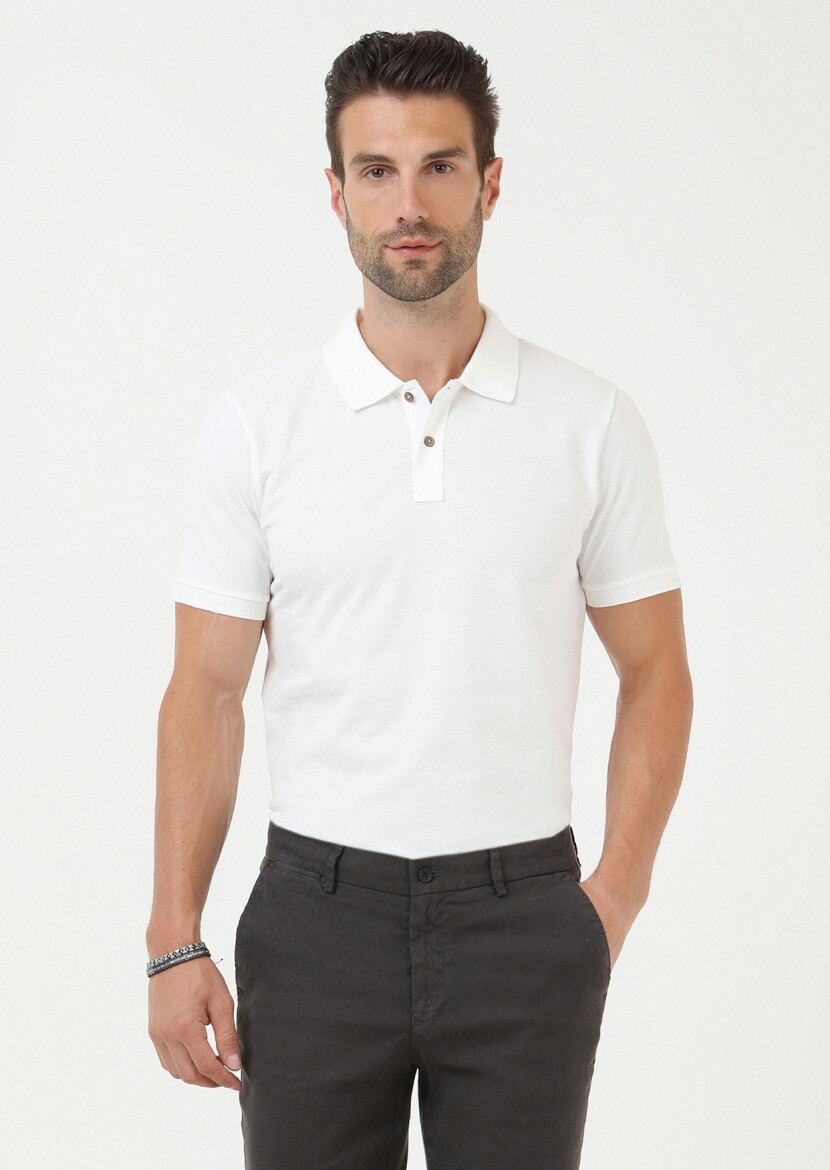 Ecru Plain Polo Neck 100% Cotton T-Shirt 