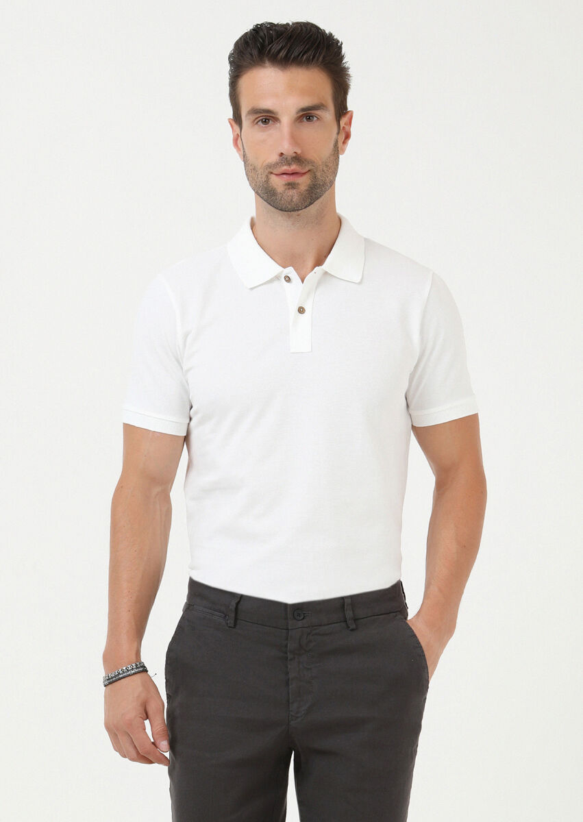 Ecru Plain Polo Neck 100% Cotton T-Shirt - 1