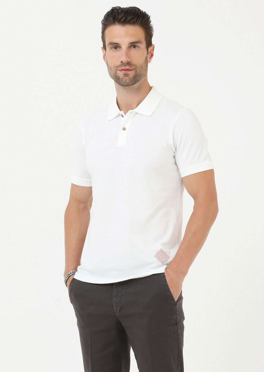 Ecru Plain Polo Neck 100% Cotton T-Shirt - 2